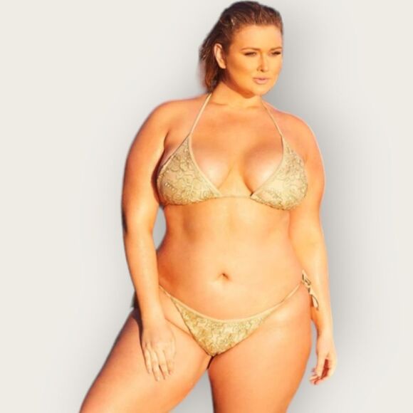 Hunter McGrady×Playful Promises Gold Embroidered Bikini Swim Top - Picture 2 of 8